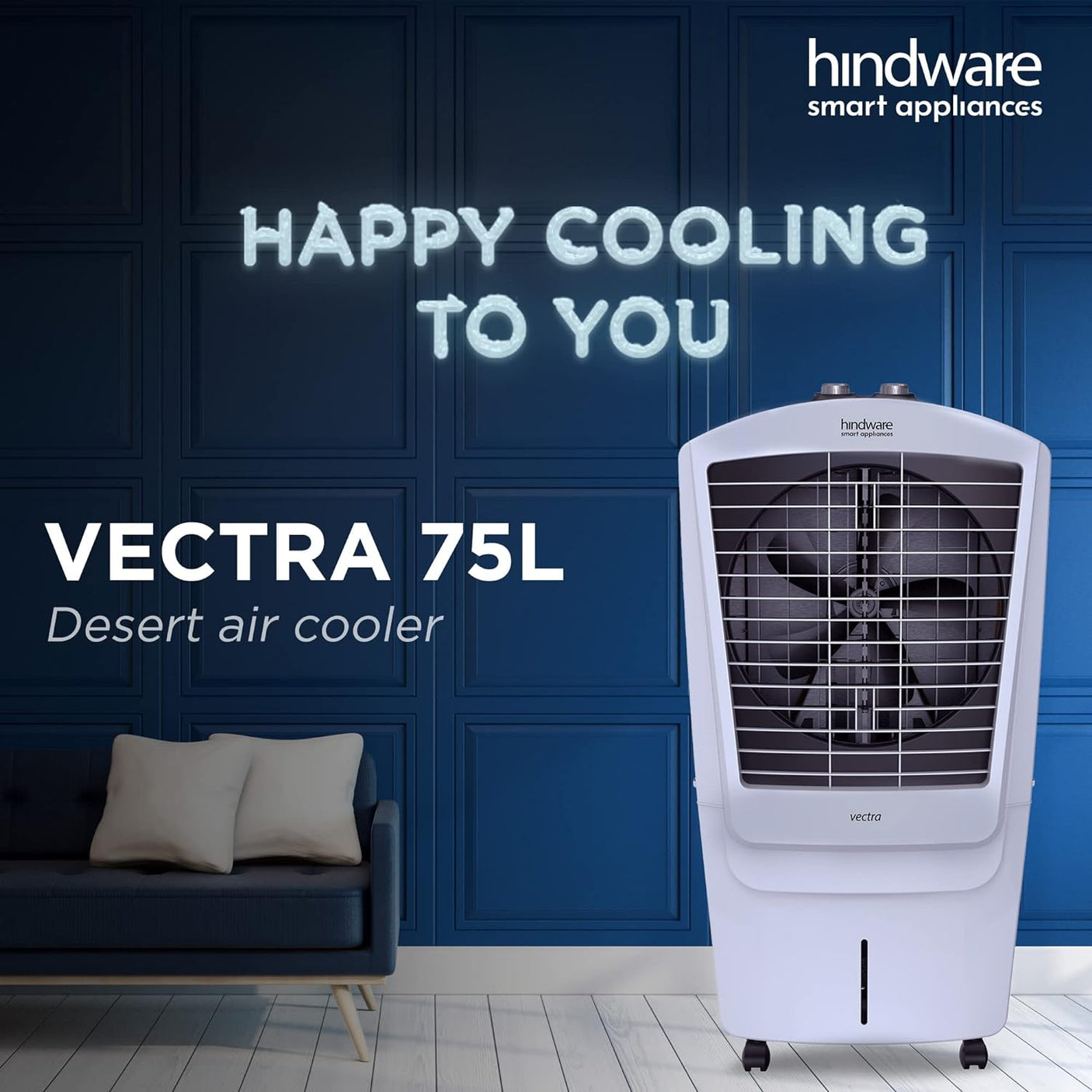 Hindware Smart Appliances Vectra 75L Desert Air Cooler with Very High Air Delivery, Honeycomb Pads, motorized air flow control, Castor wheels & Inverter Compatible (Black & Off White)