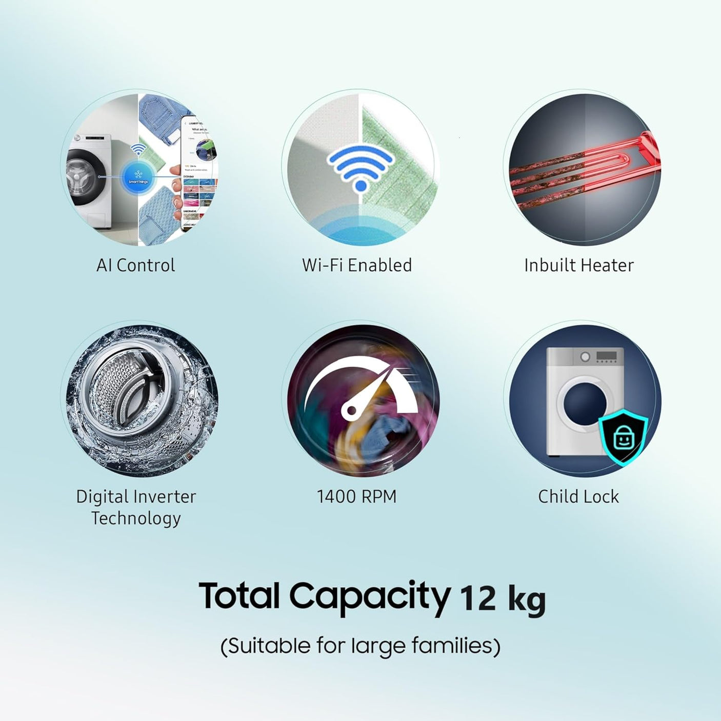 Samsung 12 kg, 5 star, Eco Bubble Technology, AI Control , Wi-Fi, Digital Inverter Motor, Fully-Automatic Front Load Washing Machine Appliance (WW12T504DAB/TL, Hygiene Steam, Black Caviar)