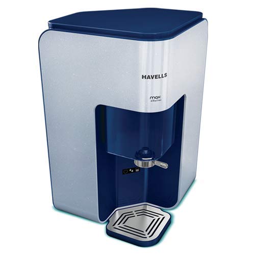 Havells Max Alkaline Water Purifier, First corner mounting design (Patented), Cu+Zn+Alkaline+natural minerals, 7 stage Purification, RO+UV Purification tech., 7 L Transparent tank (White & Blue)