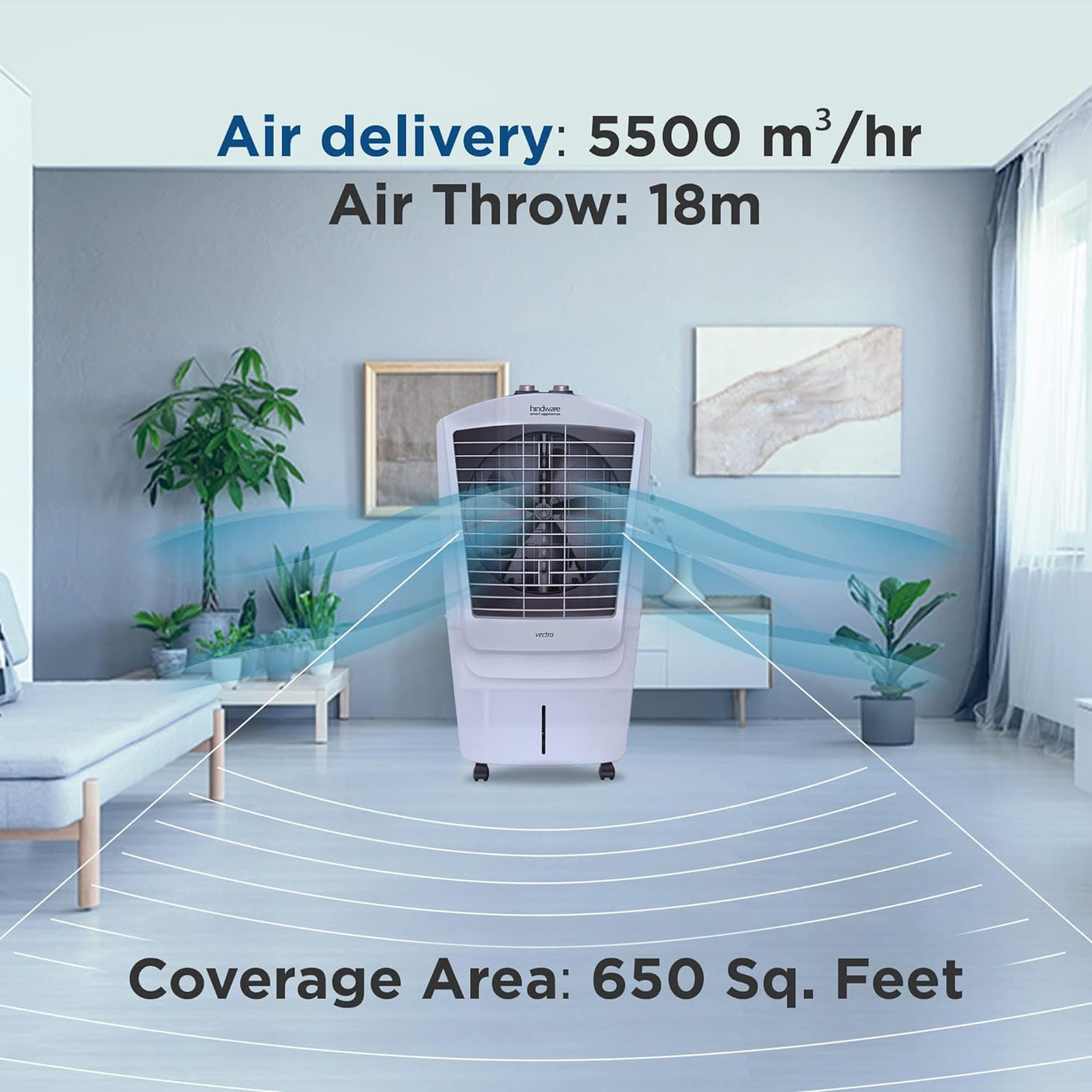 Hindware Smart Appliances Vectra 75L Desert Air Cooler with Very High Air Delivery, Honeycomb Pads, motorized air flow control, Castor wheels & Inverter Compatible (Black & Off White)