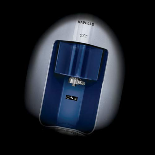 Havells Max Alkaline Water Purifier, First corner mounting design (Patented), Cu+Zn+Alkaline+natural minerals, 7 stage Purification, RO+UV Purification tech., 7 L Transparent tank (White & Blue)