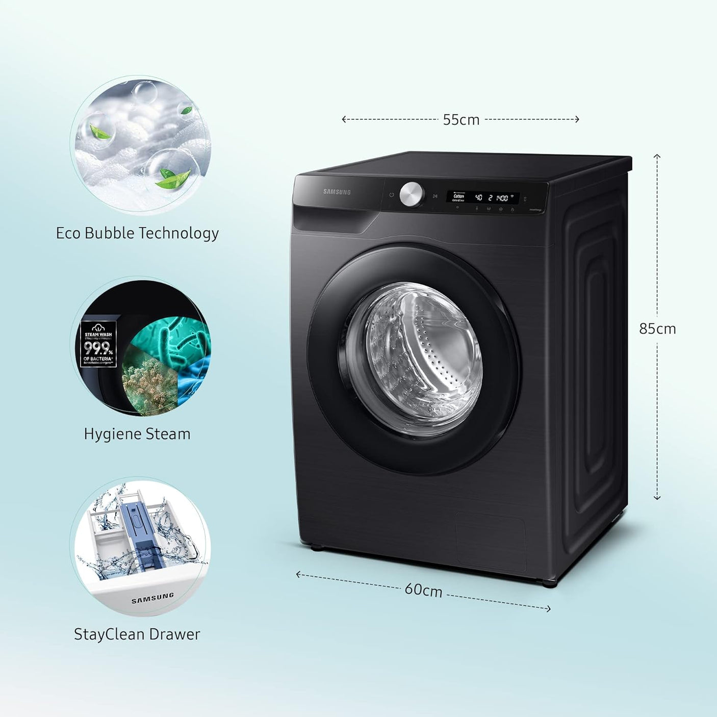 Samsung 12 kg, 5 star, Eco Bubble Technology, AI Control , Wi-Fi, Digital Inverter Motor, Fully-Automatic Front Load Washing Machine Appliance (WW12T504DAB/TL, Hygiene Steam, Black Caviar)