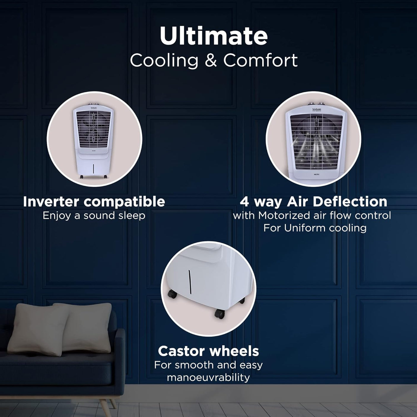 Hindware Smart Appliances Vectra 75L Desert Air Cooler with Very High Air Delivery, Honeycomb Pads, motorized air flow control, Castor wheels & Inverter Compatible (Black & Off White)