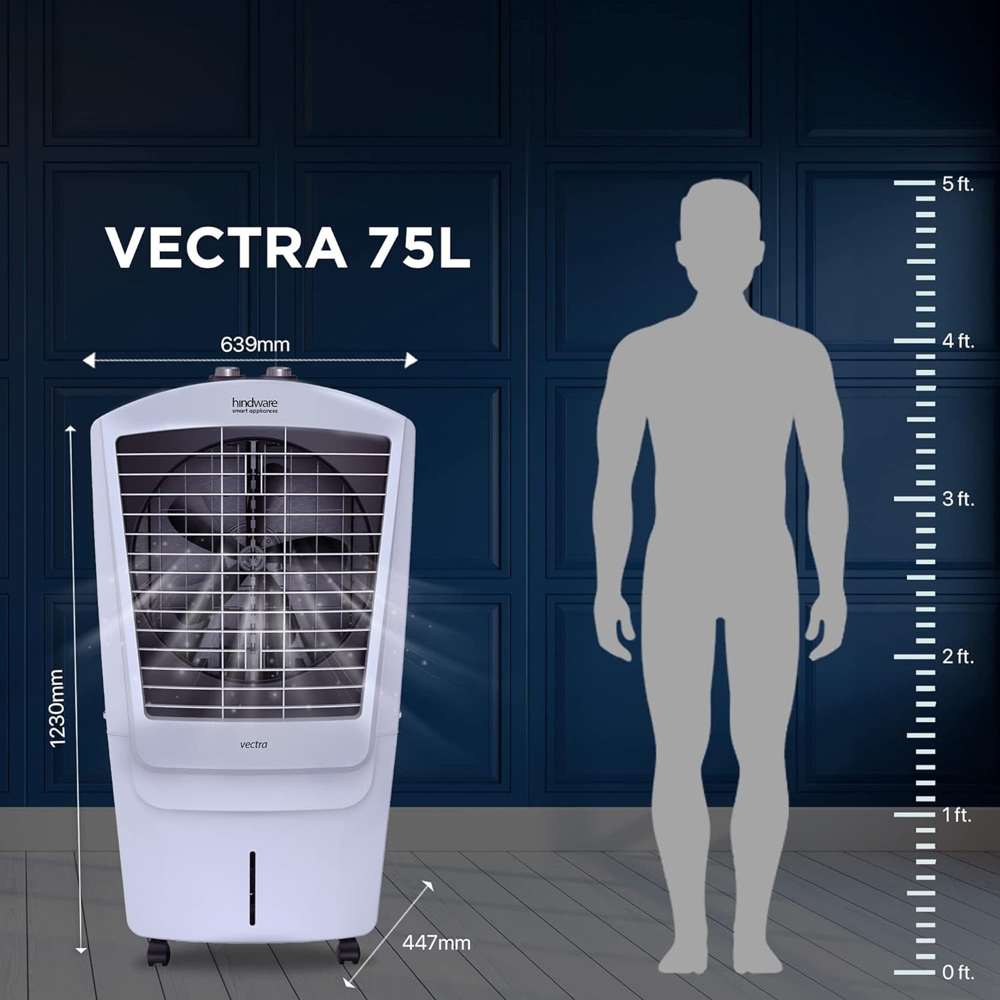 Hindware Smart Appliances Vectra 75L Desert Air Cooler with Very High Air Delivery, Honeycomb Pads, motorized air flow control, Castor wheels & Inverter Compatible (Black & Off White)