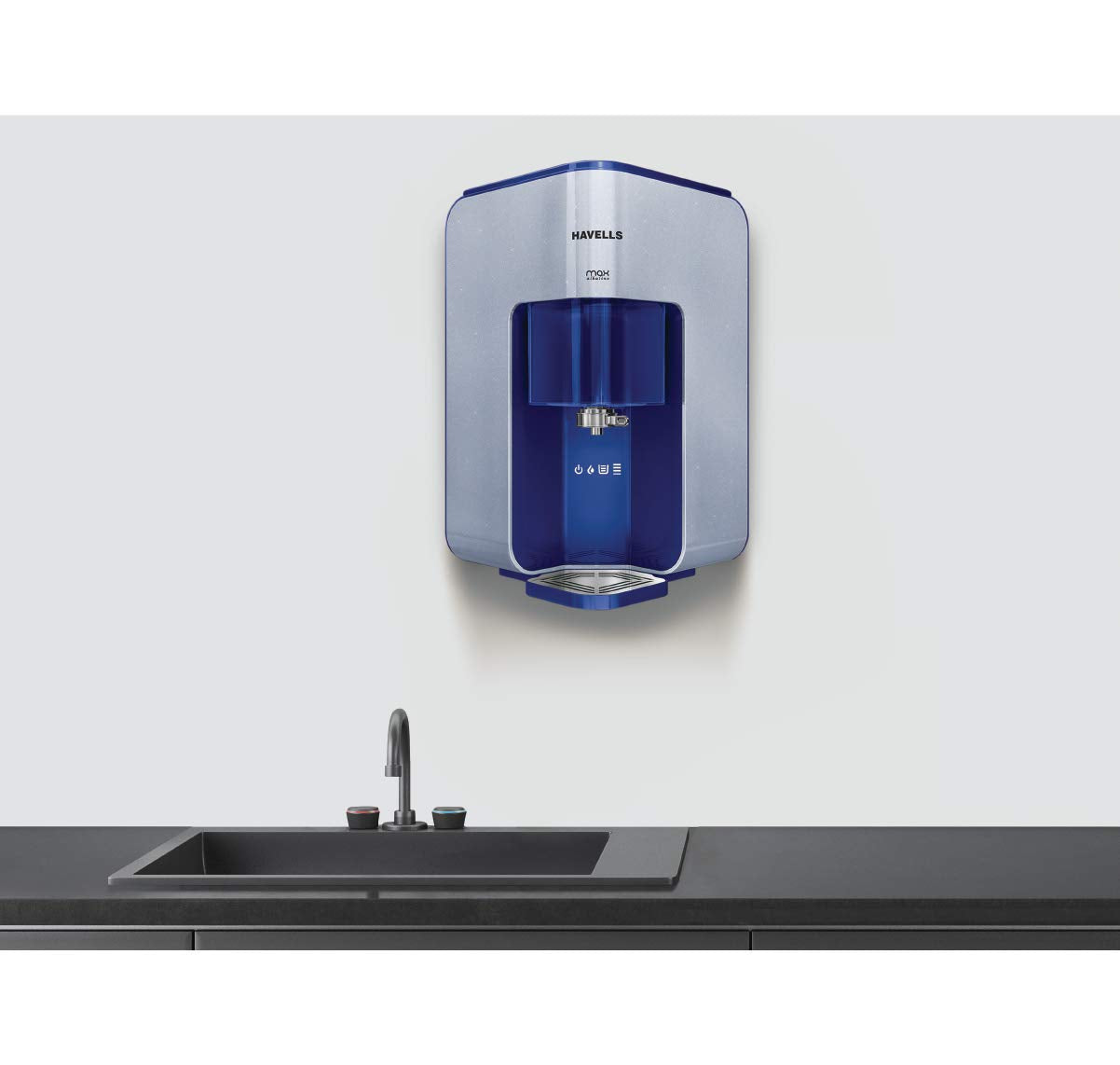 Havells Max Alkaline Water Purifier, First corner mounting design (Patented), Cu+Zn+Alkaline+natural minerals, 7 stage Purification, RO+UV Purification tech., 7 L Transparent tank (White & Blue)