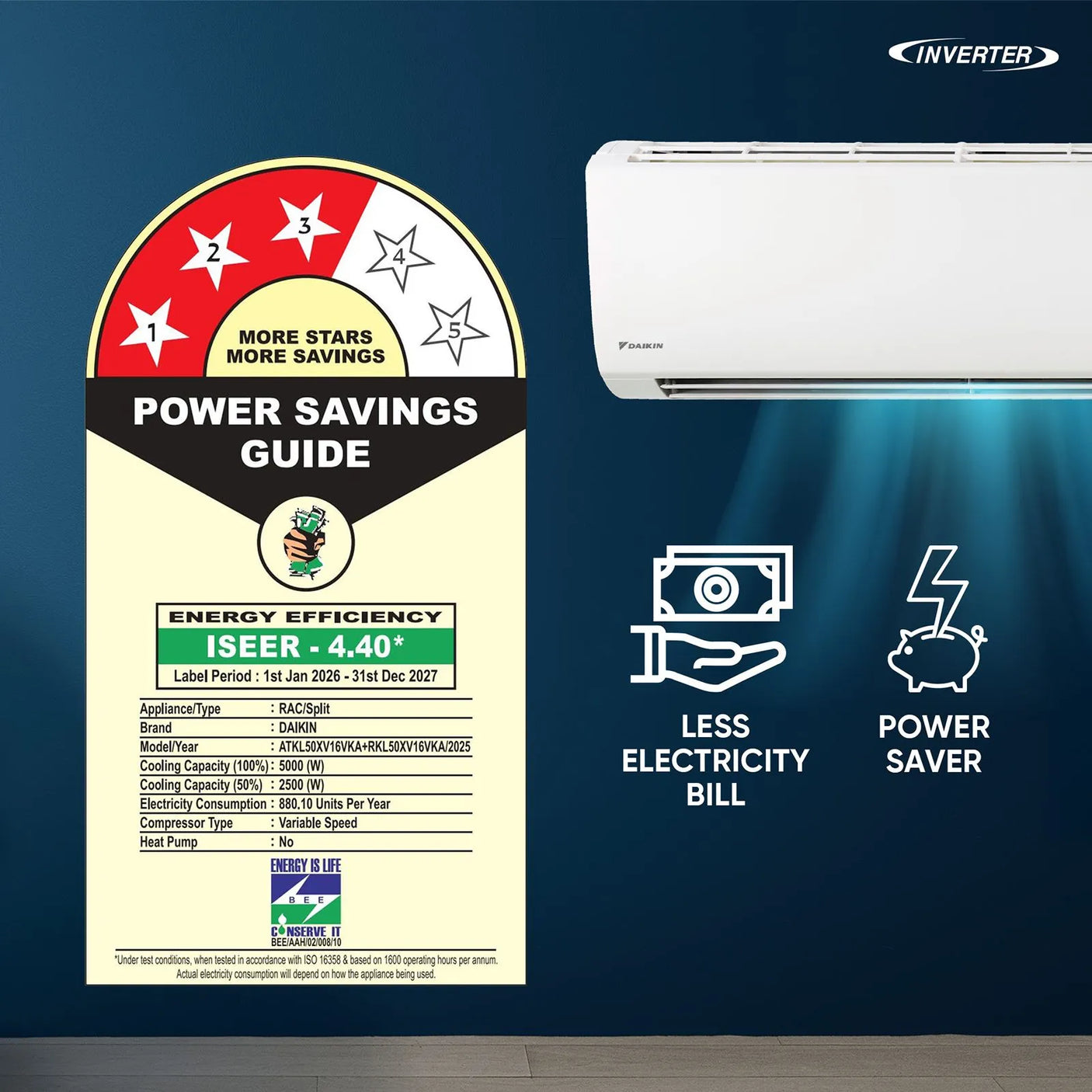 Daikin 1.5 Ton 3 Star Inverter Split AC 2026 Model | Copper Condenser | PM2.5 Air Filter | Energy Efficient Cooling | ATKL50XV16VKA