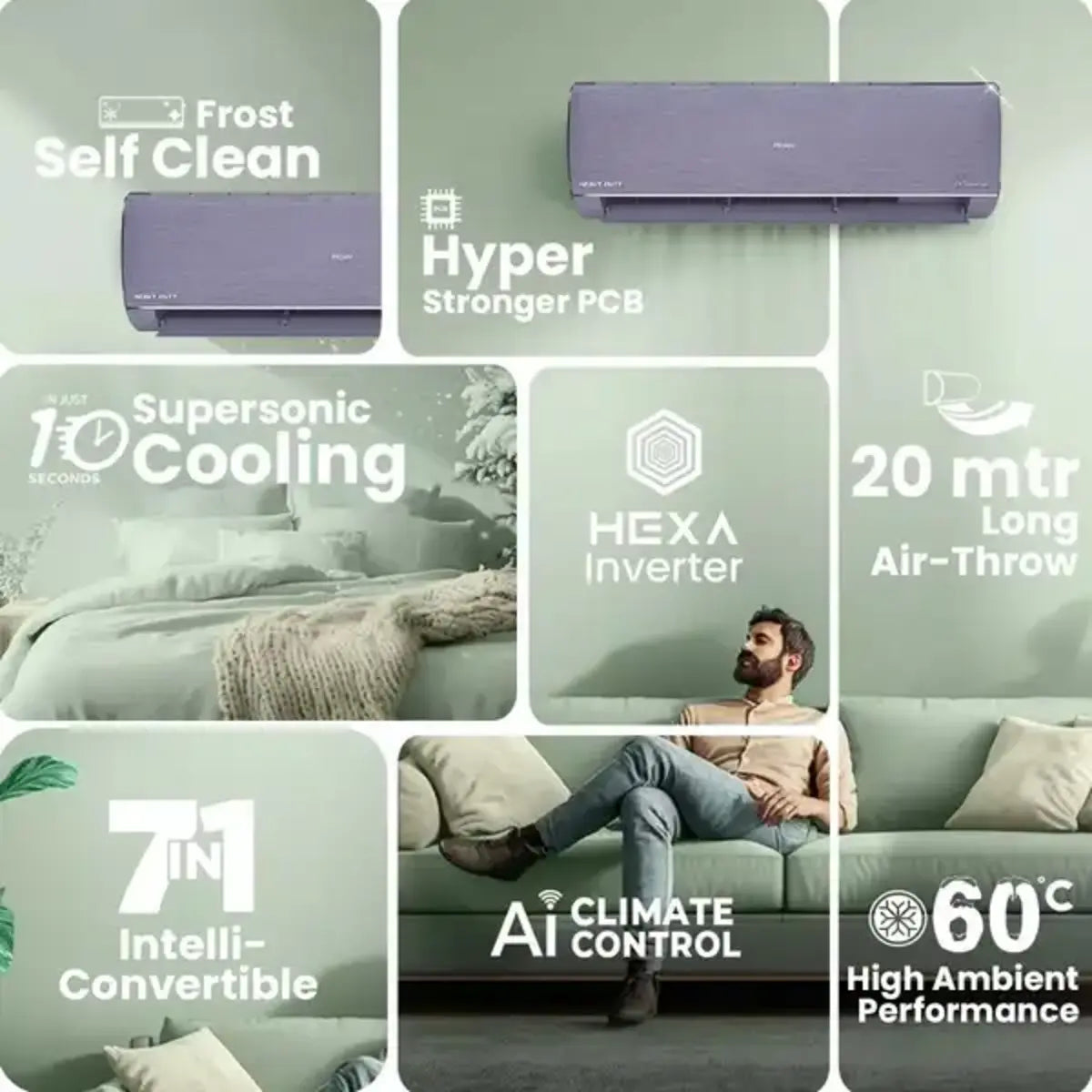 Haier Gravity Series 1.6 Ton 5 Star AI Climate Control Smart Split AC (5460 Watts, HEXA Inverter,  Wi-Fi, 4-Way, HD Filter, Cools at 60°C-HSU19G-MZAID5BN-INV, Galaxy Slate)