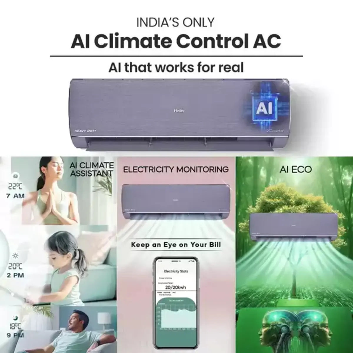 Haier Gravity Series 1.6 Ton 5 Star AI Climate Control Smart Split AC (5460 Watts, HEXA Inverter,  Wi-Fi, 4-Way, HD Filter, Cools at 60°C-HSU19G-MZAID5BN-INV, Galaxy Slate)