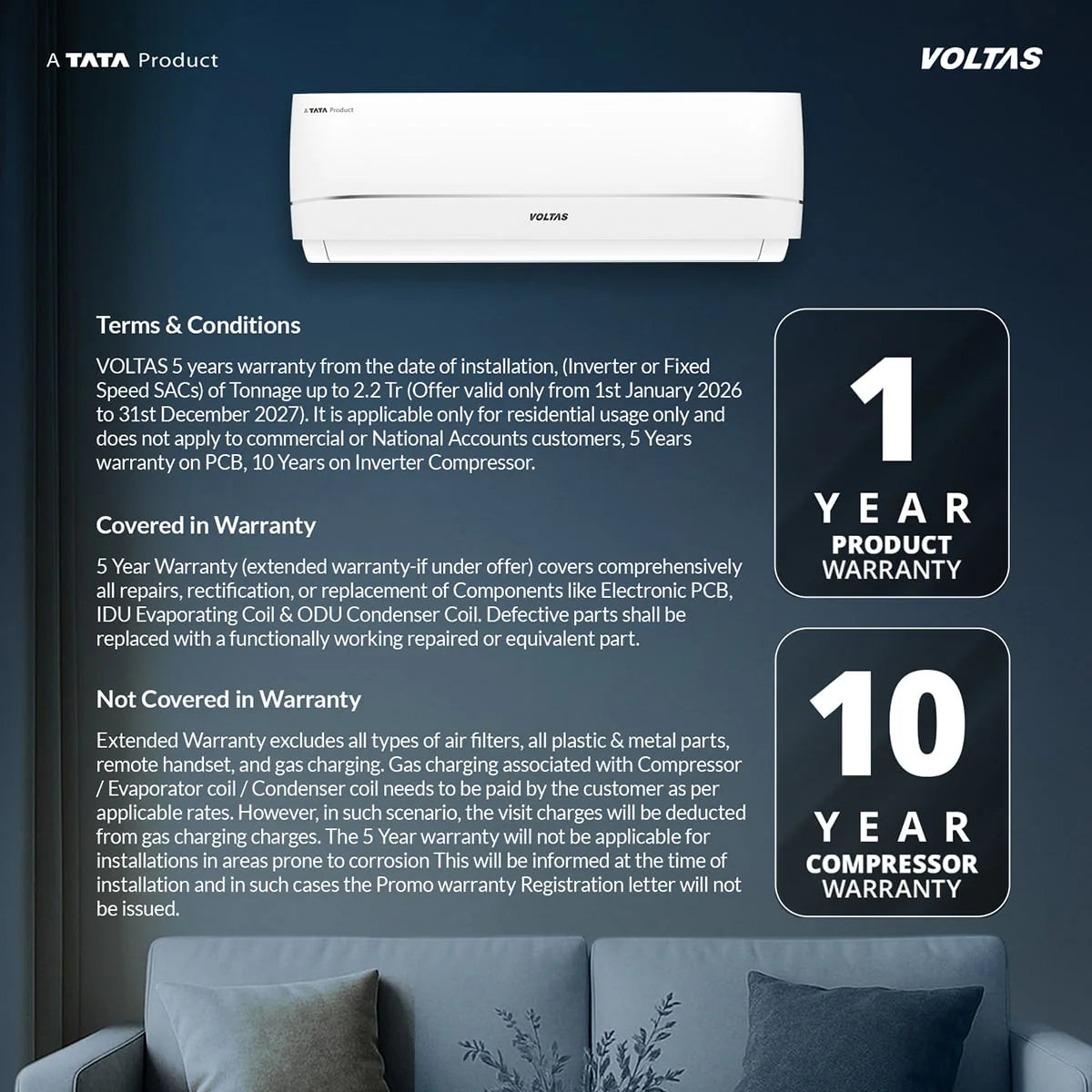 Voltas Vectra Zenith 1.5 Ton 3 Star Inverter Split Air Conditioner (Model: 183INVHC) | High Ambient Cooling up to 52°C | Turbo Cooling | Energy Efficient | Copper Condenser | Smart Cooling Technology | 2026 Model
