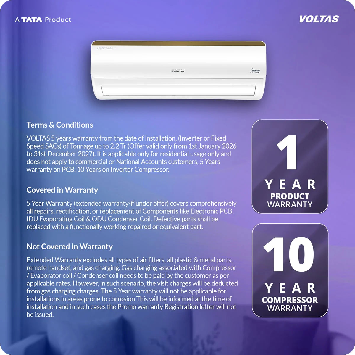 Voltas Vertis Elite Gold 1.5 Ton 5 Star Inverter Split Air Conditioner (Model: 185INV) | Energy Efficient Cooling | Turbo Mode | High Ambient Performance | Copper Condenser | Smart Inverter Technology | 2026 Model