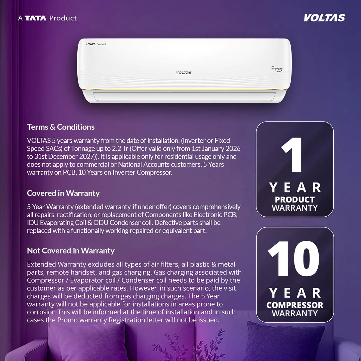 Voltas 1.5 Ton Split AC 3 Star Inverter (183INV Vertis AI Zest Gold)