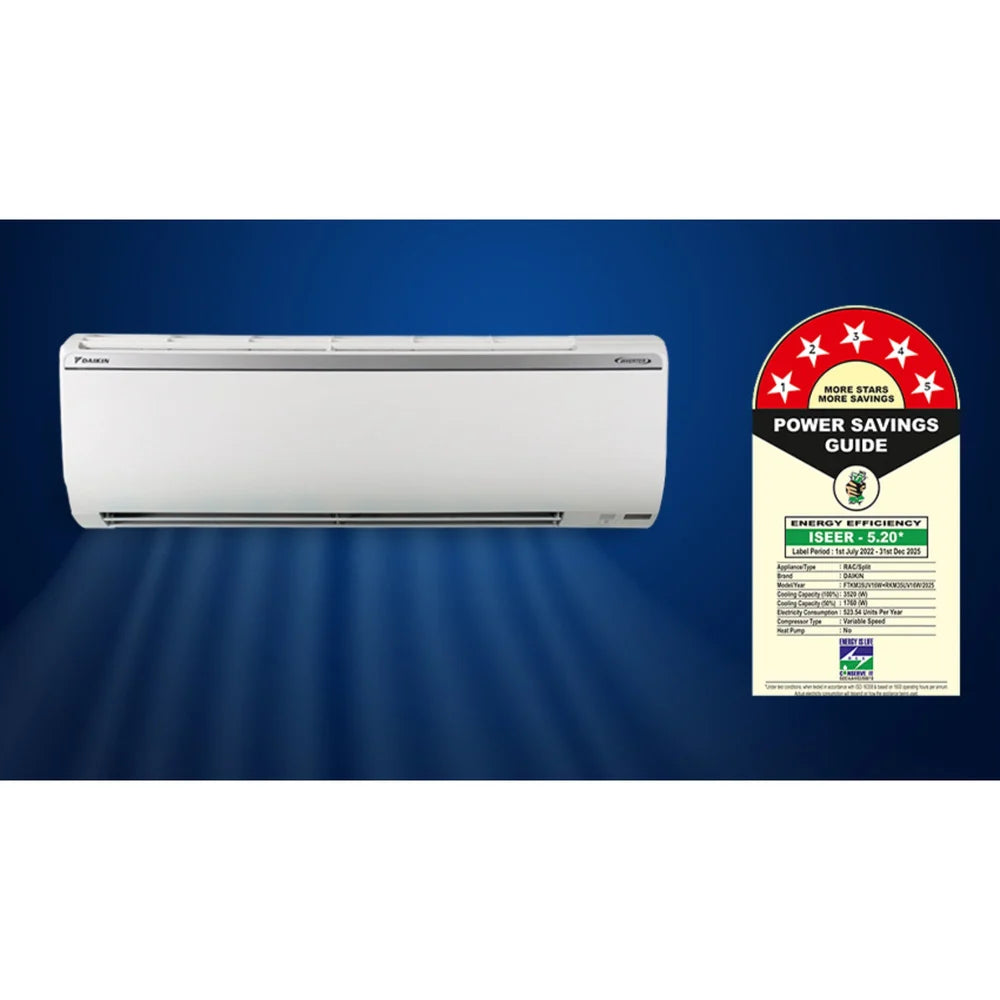 Daikin 1 Ton 5 Star Inverter Split AC, FTKM35U (3D Airflow, 100 percent Copper, Hepta Sense, Cools upto 54 degree celsius, White)