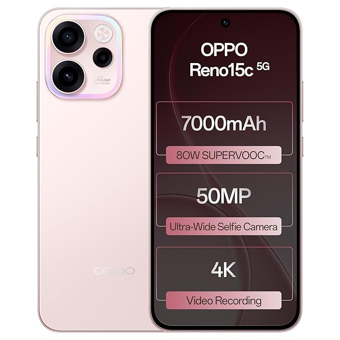 Oppo Reno15C 5G (Afterglow Pink, 8GB RAM, 256GB Storage) – AI Camera, 120Hz Display & Fast 5G Performance
