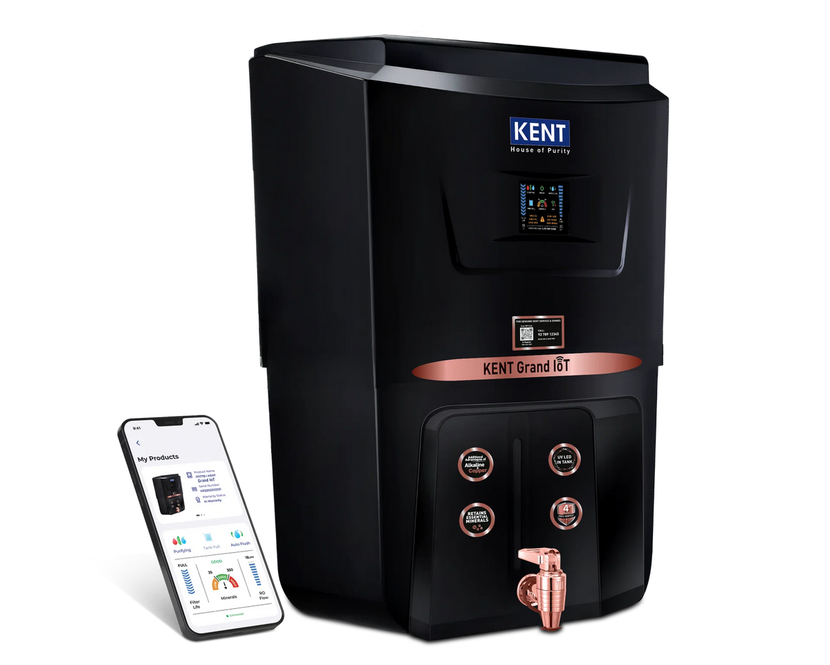 KENT Grand iOT Alkaline + Copper Water Purifier | RO+UV+UF, IoT Enabled, 8L Tank, Black