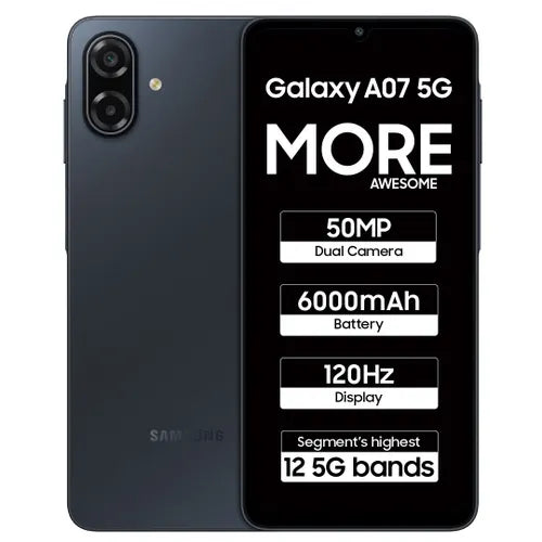 Samsung Galaxy A07 5G (6GB RAM, 128GB Storage, Black) – Dimensity 6300, 6000mAh Battery & 120Hz Display