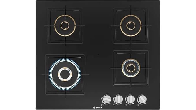 Bosch Built-in Gas Hob Black Tempered Glass Glass 4 Burner Auto Ignition 60 cm True Brass 2D Ring Burner with Glossy Black Heat Shield and Enamelled Pan Support (PNH6B6F10I)