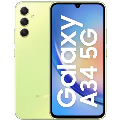 SAMSUNG Galaxy A34 5G: Vibrant Awesome Lime mobile with 8GB RAM and 128GB storage.