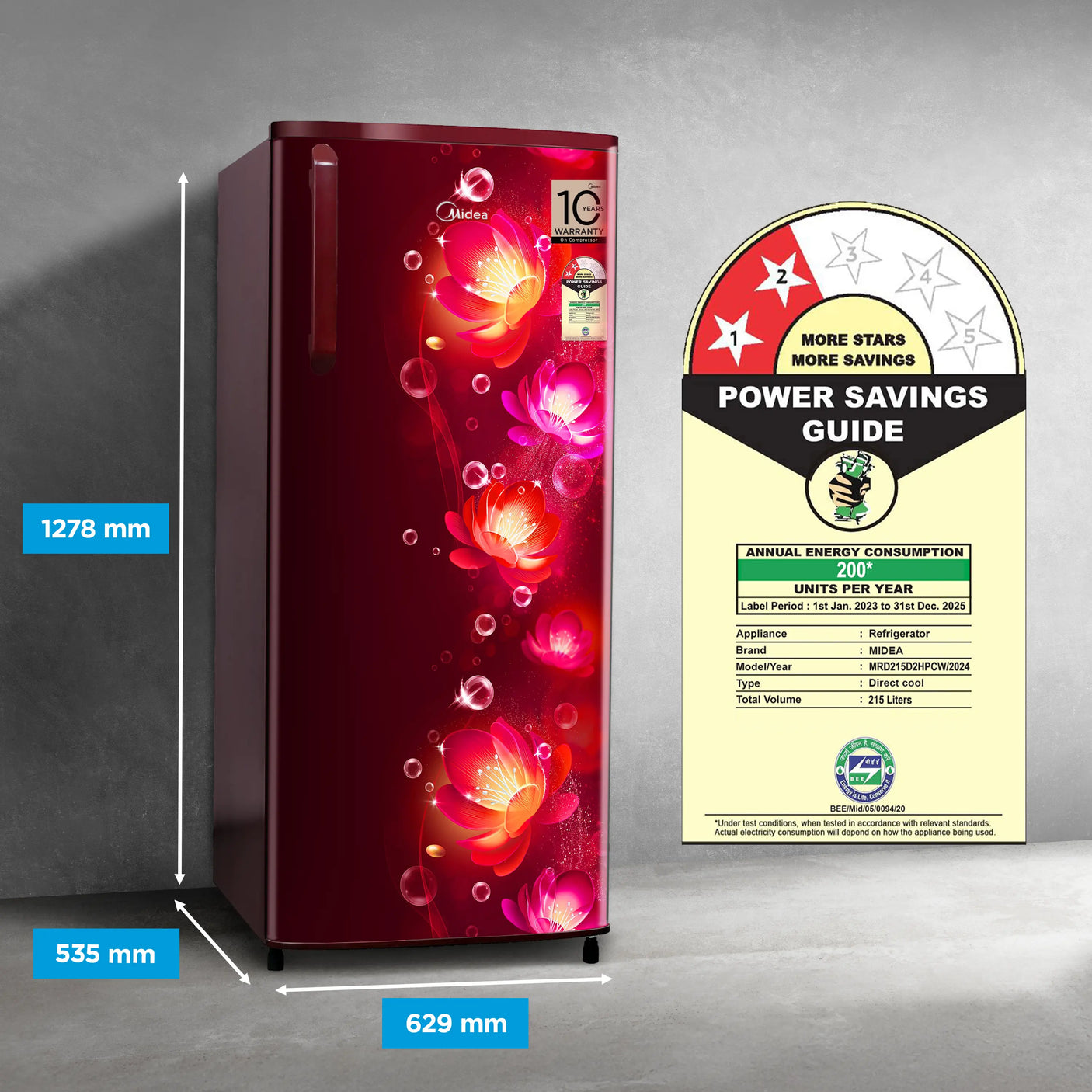 Midea 215L Direct Cool Refrigerator (2 Star, Wine Flower, Handle)