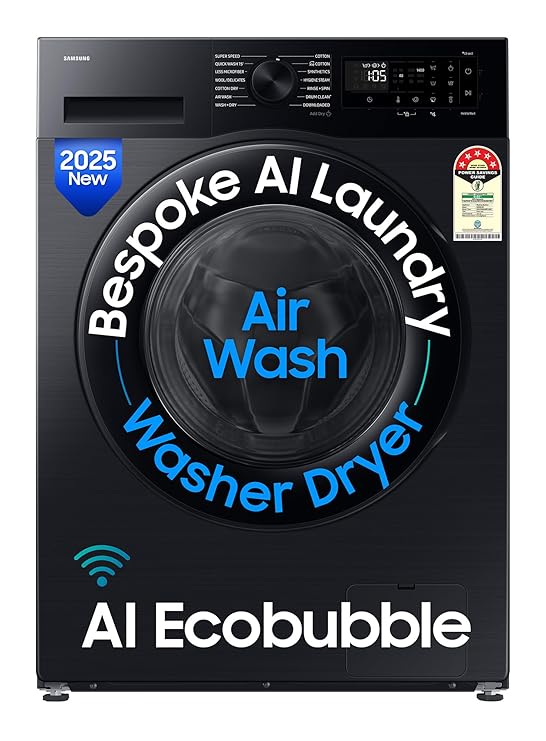 Samsung 12 kg (Wash) / 7 kg (Dry), 5 Star, AI EcoBubble, AI Energy Mode, Air Wash, Super Speed, Hygiene Steam, Wi-Fi, Digital Inverter, Fully-Automatic Front Load Washer Dryer (WD12FG5B34BBTL, Black)
