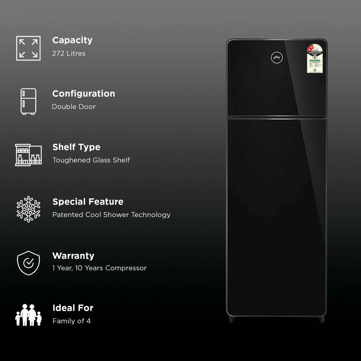 Godrej 272L 2 Star Frost Free Bottom Mount Double Door Refrigerator | Inverter | Black | RT EONCRYSTAL 310BN RI OB (2026)