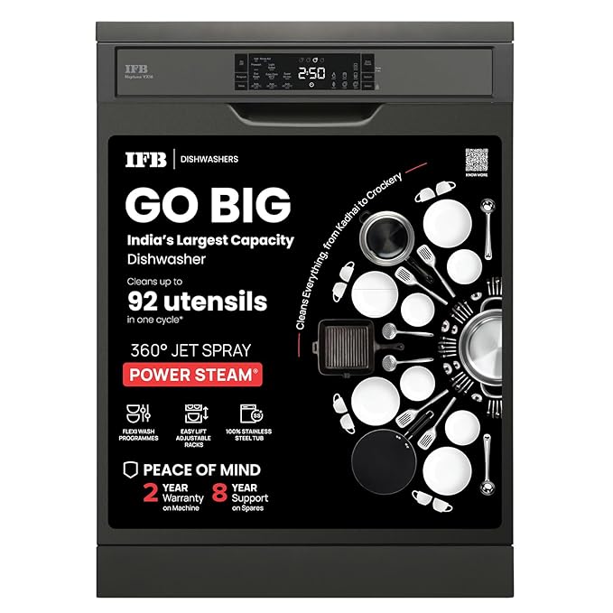 IFB 16 Place Settings Dishwasher with Ion Technology, Auto Programme, (Neptune VX16, 70 Degree Hot Water Wash, Hygienic Steam Drying, with Additional 3rd Rack, Inox Grey, 2024)