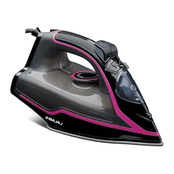 Bajaj MX-35N 2000W Steam Iron with Steam Burst, Anti-drip and Anti-scale Technology, Vertical and Horizontal Ironing, Non-Stick Coated Soleplate, Black and Pink, 2000 Watts