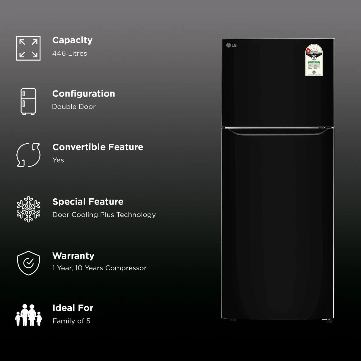 LG 446 Litres Double Door Refrigerator | Frost Free | Convertible | Multi Air Flow | 1 Star | Ebony Sheen | GLT4416CCES (2026)