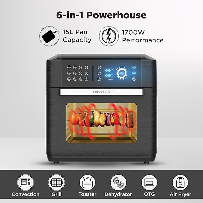 Havells Air-Oven Avanza 1700W | 15L Family Capacity | 14 Pre-Set Functions | Sensor Touch Control | Non-Stick Coating | Auto Shut-Off & Cool-Touch Handle