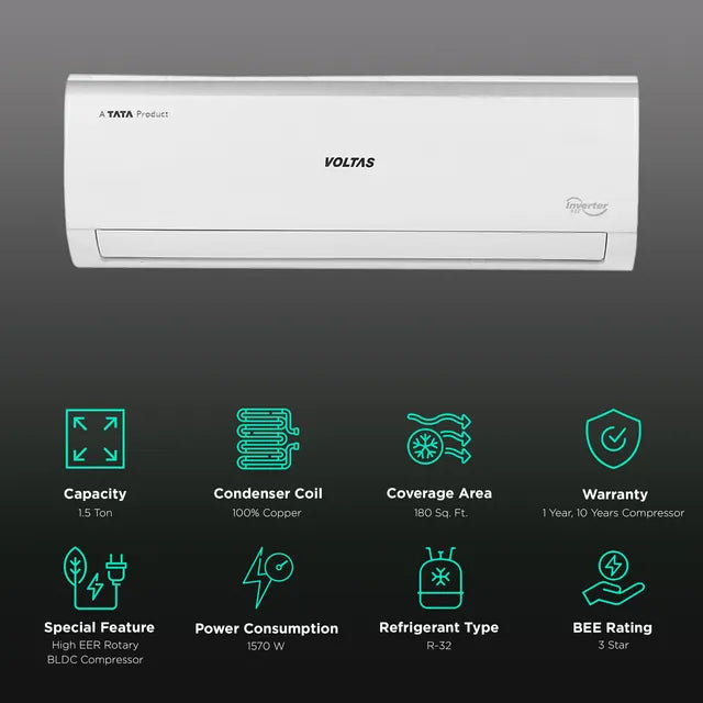 VOLTAS 1.5 Ton 3 Star Inverter Split AC with 4-Way Swing (Copper Condenser, 183V Vertis Elite)