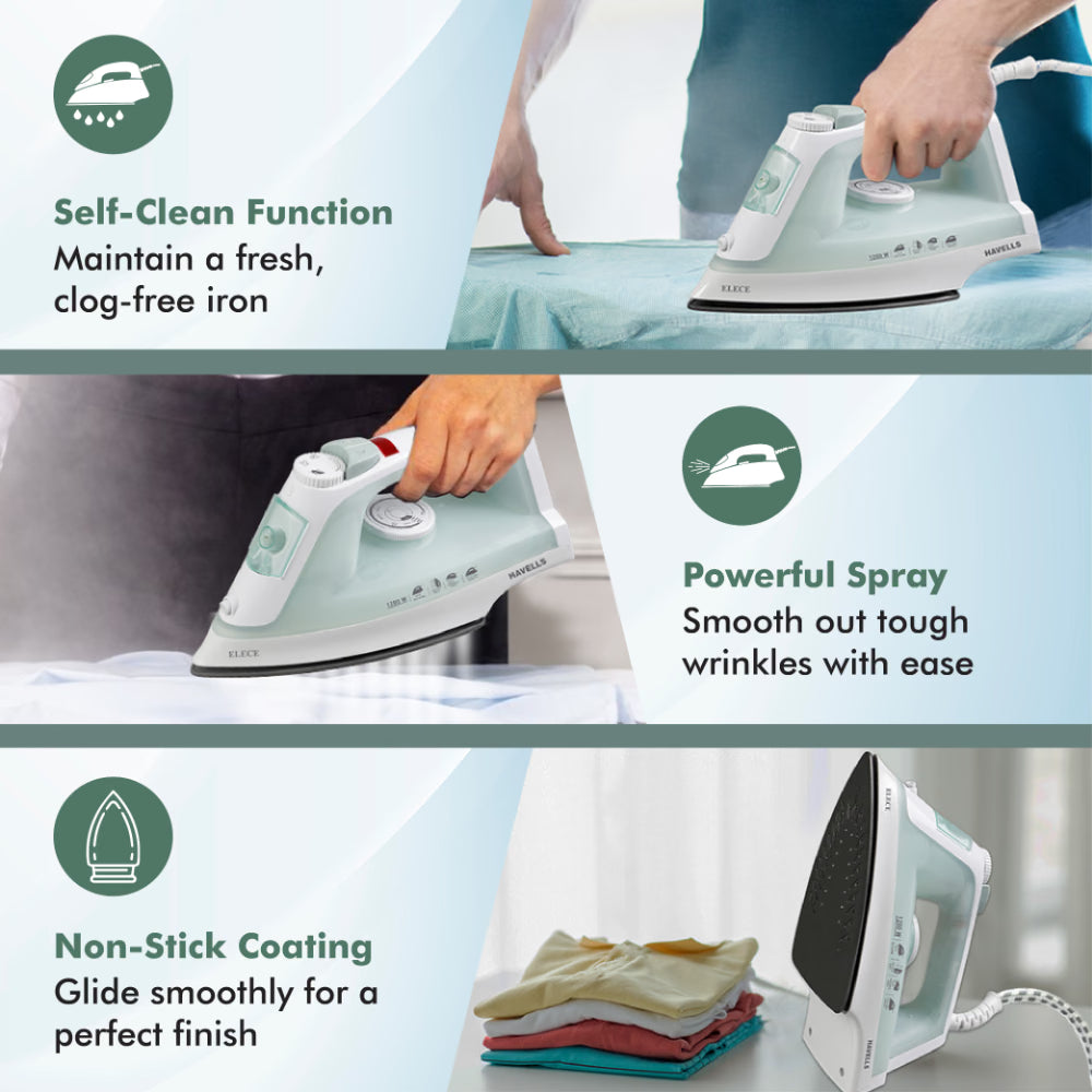 Havells Elece 1200W Steam Iron: 170ml Tank, Self-Clean, Vertical Steaming (Pista Green)