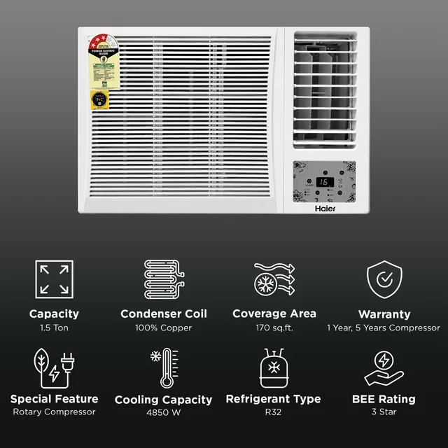 Haier 1.5 Ton 3 Star Fixed Speed Window AC | 100% Copper Condenser | Micro Anti-Bacterial Filter | Fast Cooling | Energy Efficient | 2026 Model | HWA18-W3NB-PF