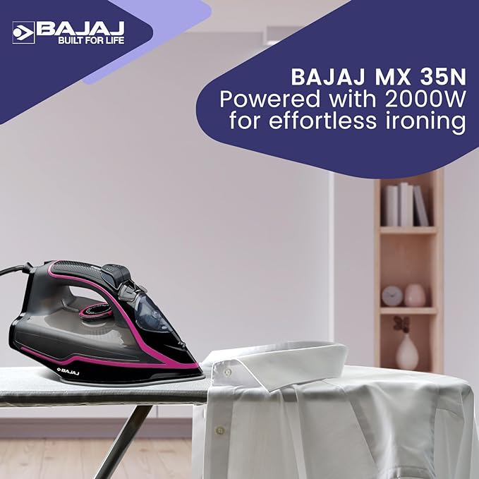 Bajaj MX-35N 2000W Steam Iron with Steam Burst, Anti-drip and Anti-scale Technology, Vertical and Horizontal Ironing, Non-Stick Coated Soleplate, Black and Pink, 2000 Watts