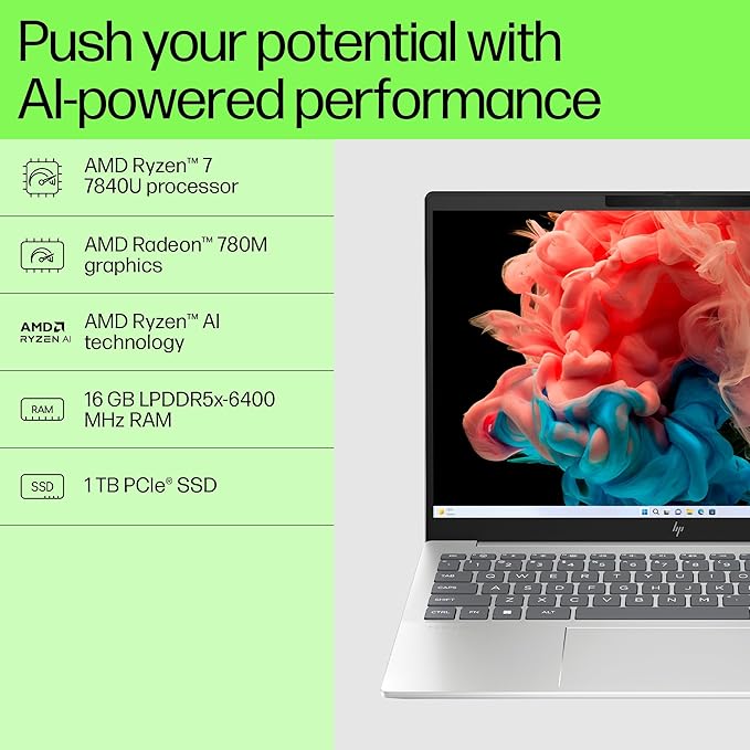HP Pavilion Plus Laptop AMD RYZEN AI Powered 7-7840U, 14-inch (35.6 cm) OLED, 2.8K UWVA, 16GB RAM, 1TB SSD, Radeon 780M Graphics, B&O, Backlit KB,(Win 11, Xbox Game Pass, Silver, 1.44kg),14-ey0789AU