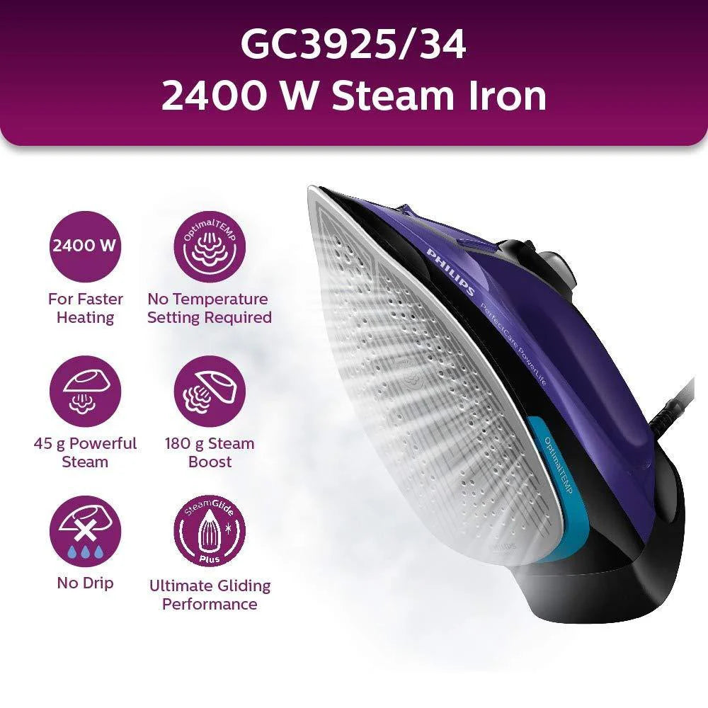 PHILIPS Plastic Perfect Care Power Life Steam Iron Gc3925/34,2400 Watts Up To 45 G/Min Steam Output,Optitemp Technology