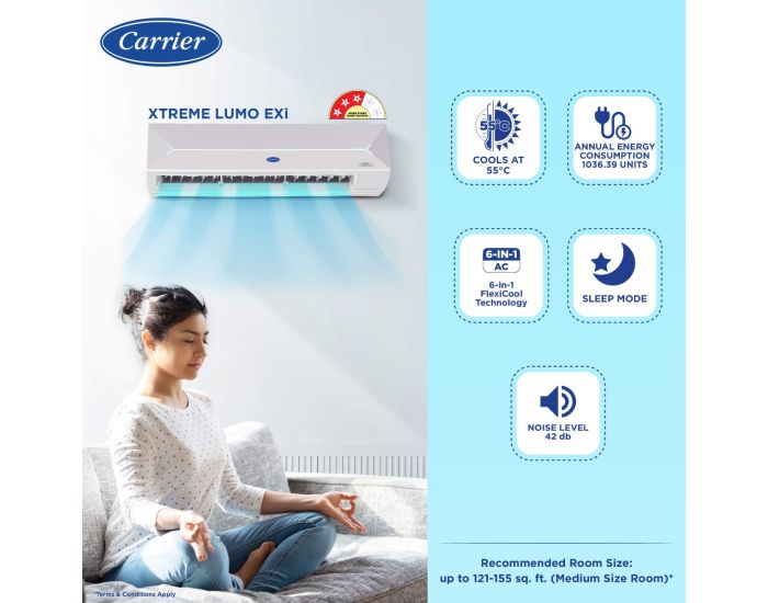 Carrier 1.5 Ton 3 Star Flexicool Inverter Split AC( Copper, 6-in-1 with Xtreme Air flow, Xtreme Lumo Exi)