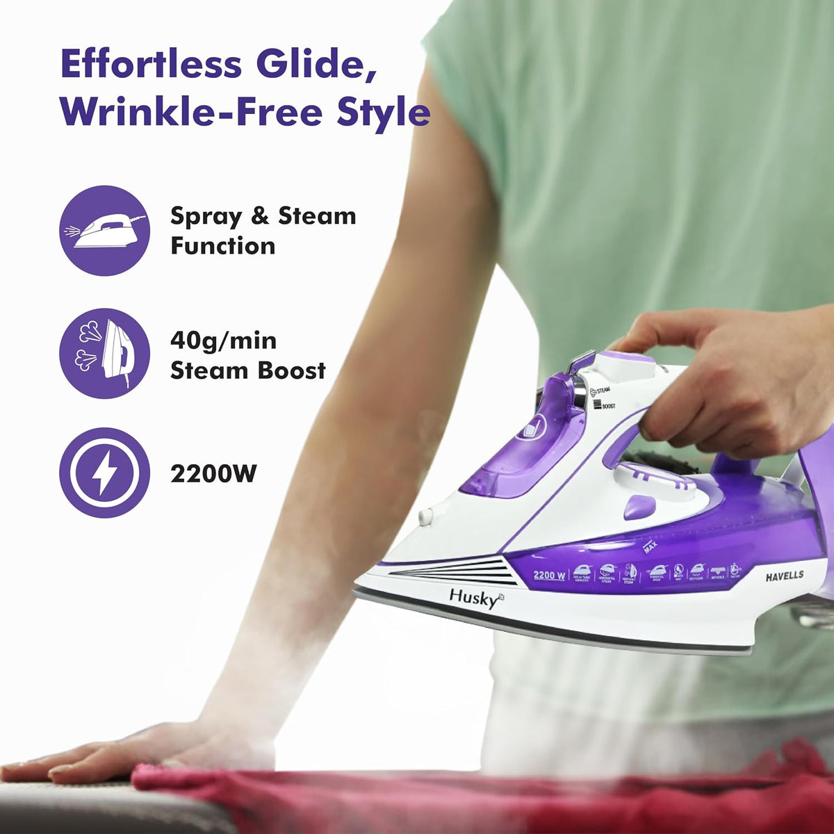 Havells Husky 2200W Steam Iron: 40g/min Steam Burst, Ceramic Soleplate, Anti-Scale (Purple)