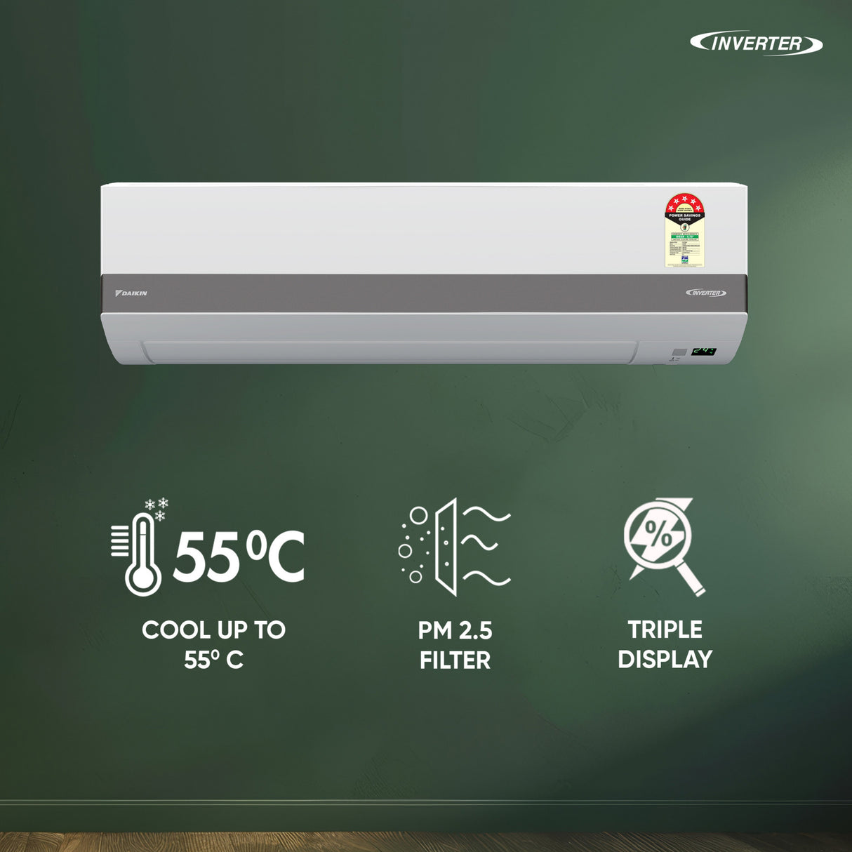 Daikin 1 Ton 5 Star Inverter Split AC FTKM35XV16VAA | 55°C Cooling | PM2.5 Filter | Triple Display | 16m Air Throw