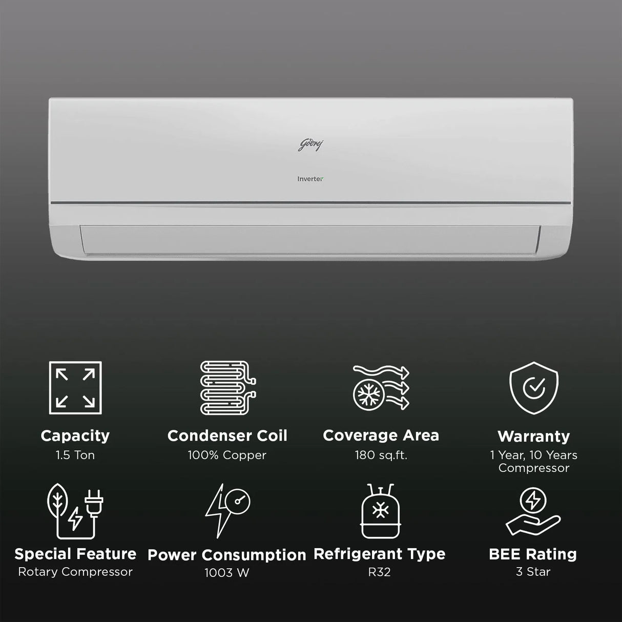 Godrej SIC 18TTC3 WYA Convertible 1.5 Ton 3 Star Inverter Split AC with I-Sense Technology (Copper Condenser, 40101701SD01522)