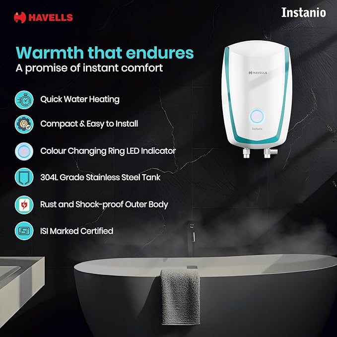 Havells Instanio 3 Litre Instant Water Heater | Color Changing LED Indicator, Rust & Shook Proof | SS Tank, ISI Certified, | (White Blue)