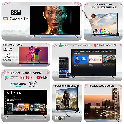 SANSUI 80 cm (32 inches) HD Ready Smart A+ LED Google TV JSWY32GSHD (Black)