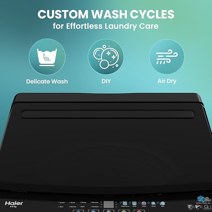 Haier 8 Kg 5-Star Fully Automatic Top Load Washing Machine | Oceanus Wave Drum, 8 Wash Programs, Magic Filter (HWM80-310BK, Black)