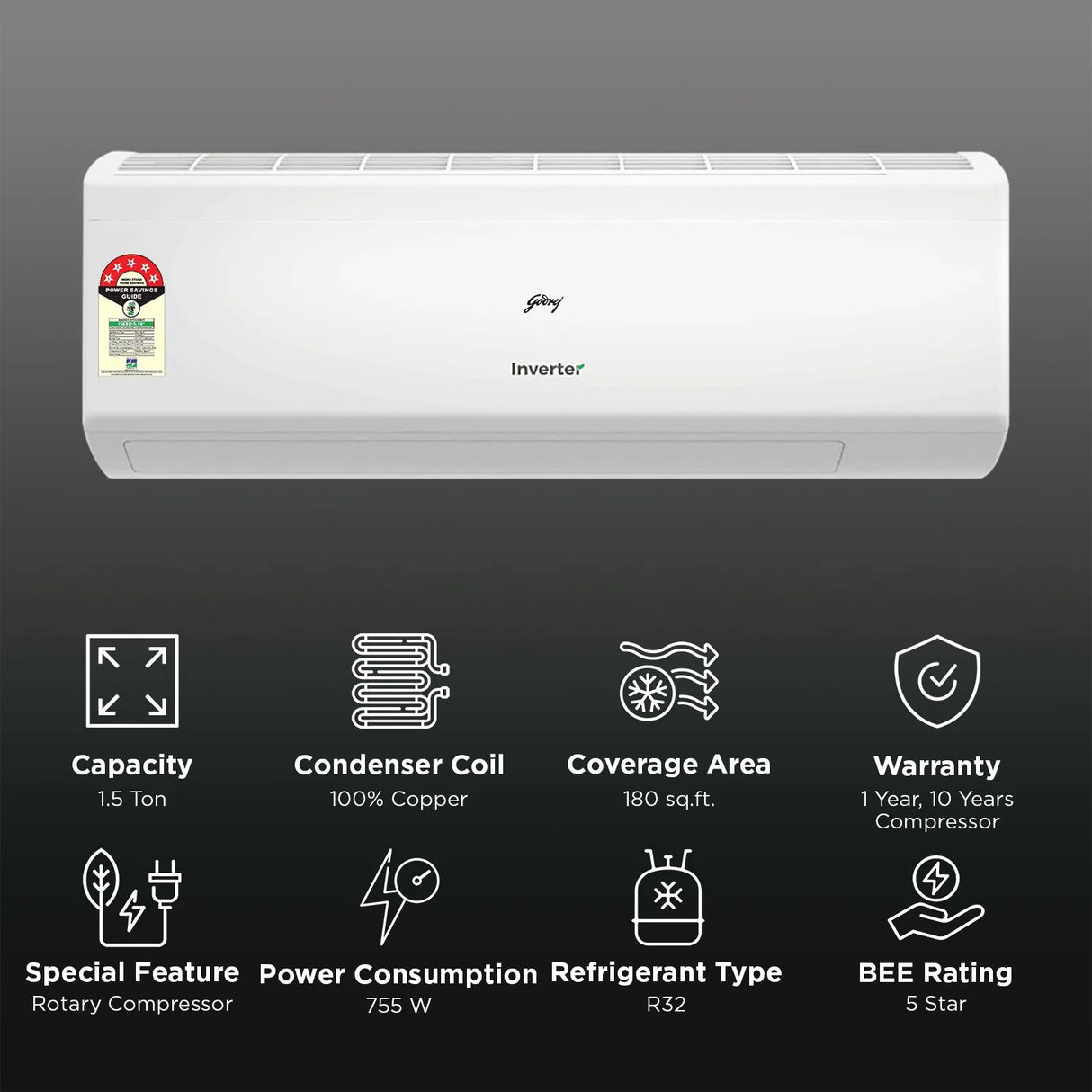 Godrej WZR Convertible 1.5 Ton 5 Star Inverter Split AC with I-Sense Technology Copper Condenser, SIC 18ITC5 WZR)