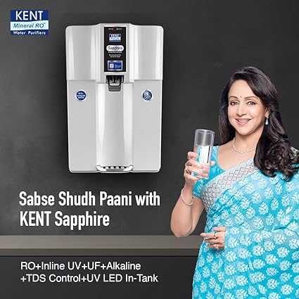 KENT Sapphire RO Water Purifier|RO+UF+Inline UV+Alkaline+TDS Control+UV LED in Tank | Fully Automatic On & OFF Operation|.0001 Micron RO Membrane|20 LPH| 8L| Ideal For Borewell/Tanker/Municipal Water