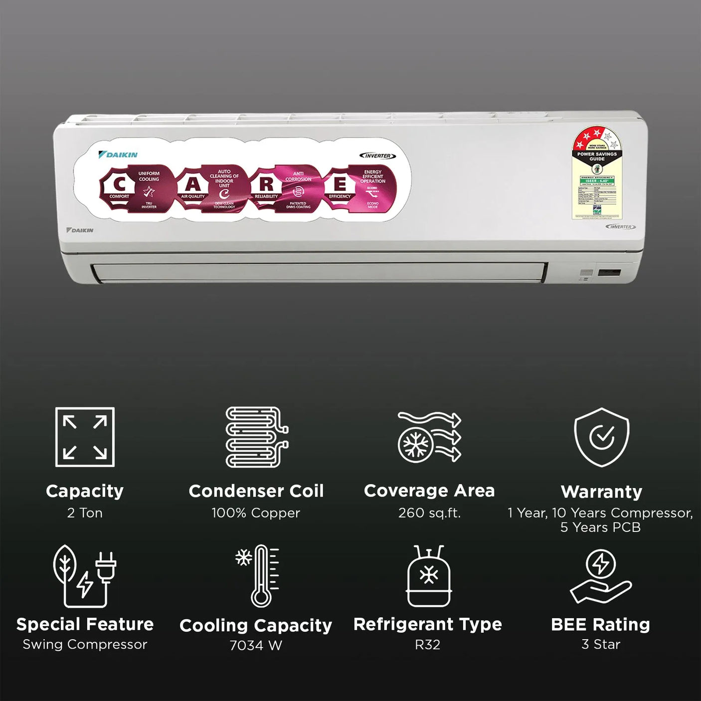 Daikin 2 Ton 3 Star Inverter Split AC (FTKL71XV16MAA) – Copper Condenser, PM2.5 Filter, Powerful Cooling
