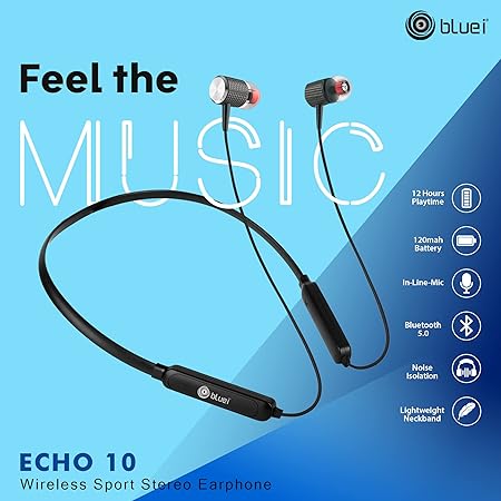 bluei Earphones Bluetooth Wireless Neckband Headphones Lightweight Wireless Ergonomic Earphones Neckband (Echo-10) BT-156