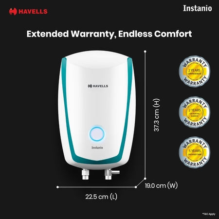 Havells Instanio Prime 3L Instant Water Heater | Titanium Enamel Tank, 3-Level Safety, White/Blue