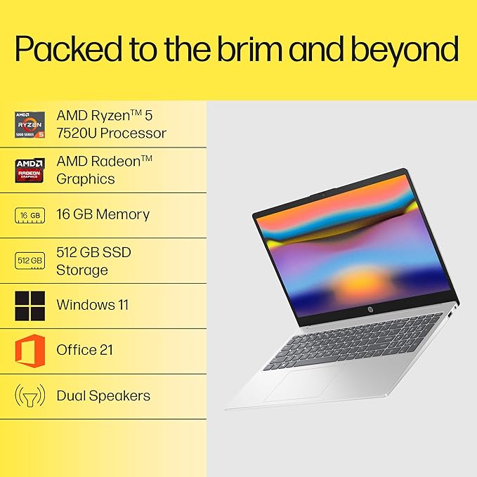 HP 15 (fc0690au) | Ryzen 5 7520U | 16GB DDR5 | 512GB SSD | 15.6" FHD Anti-Glare Micro-Edge | Win 11 | Office 2021 | AMD Radeon Graphics | FHD Camera | Backlit | 1.59kg