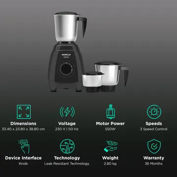HAVELLS Segno Plus 550 Watt 3 Jars Juicer Mixer Grinder (21000 RPM, Heavy Duty Motor, Black)