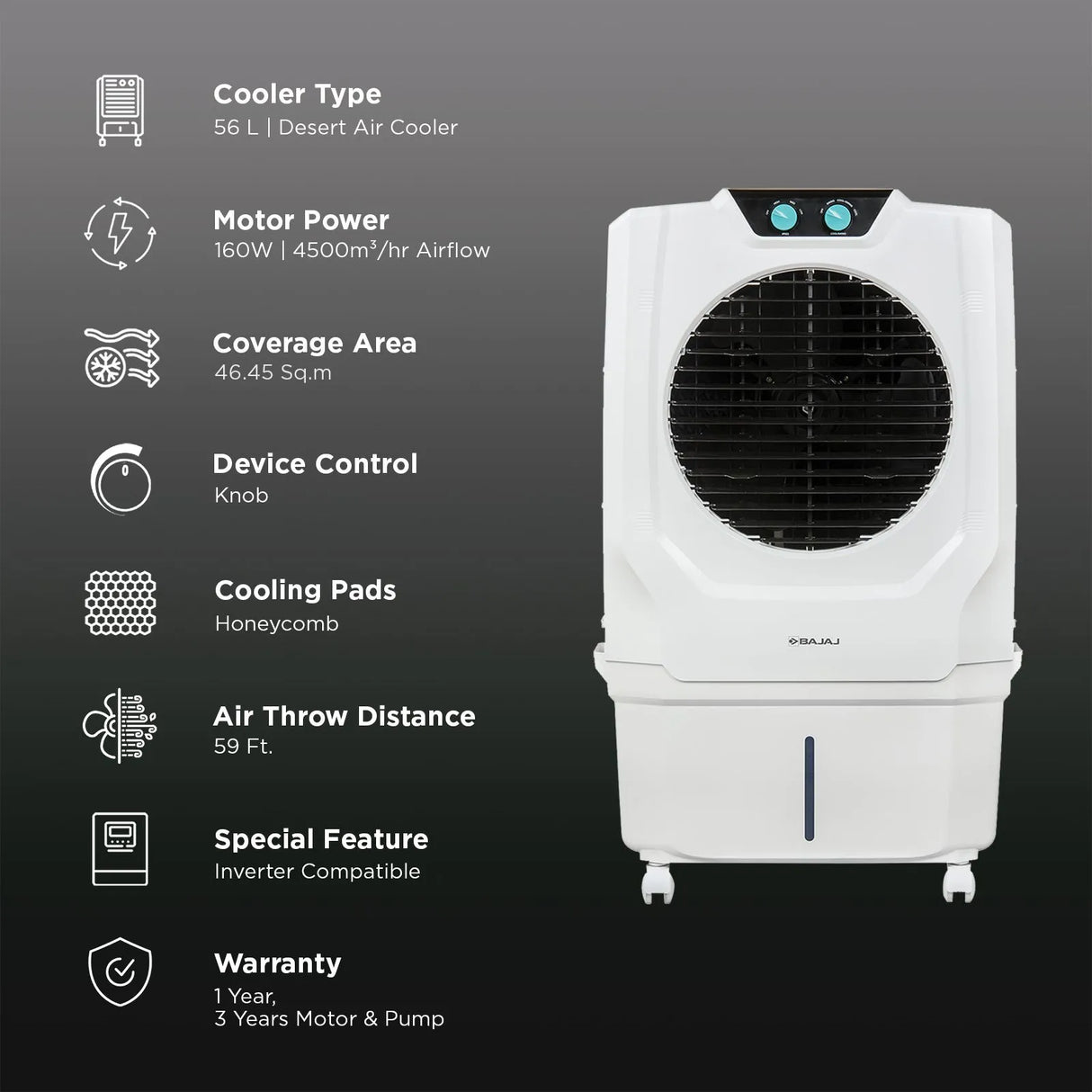 Bajaj Shield Specter 56L Desert Air Cooler – Turbo Fan Technology, 4-Way Swing, White