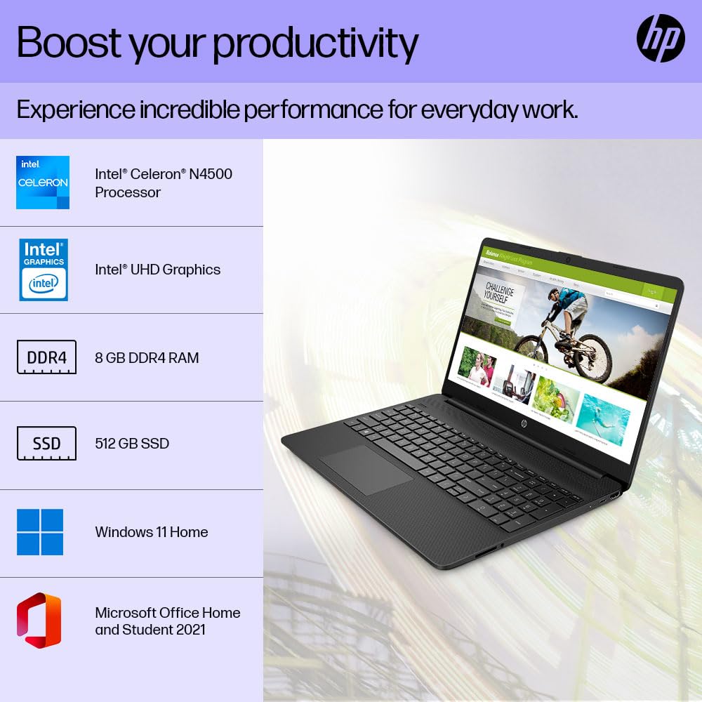 Computer Systems: HP Laptop - Celeron N4500, 8GB RAM, 512GB SSD, Win 11, 15.6", Jet Black